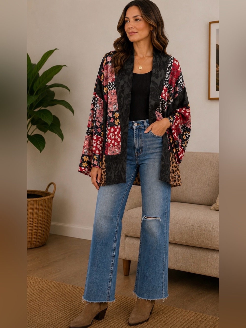 BOHO Patchwork Floral and Leopard Kimono Jacket - Black size small